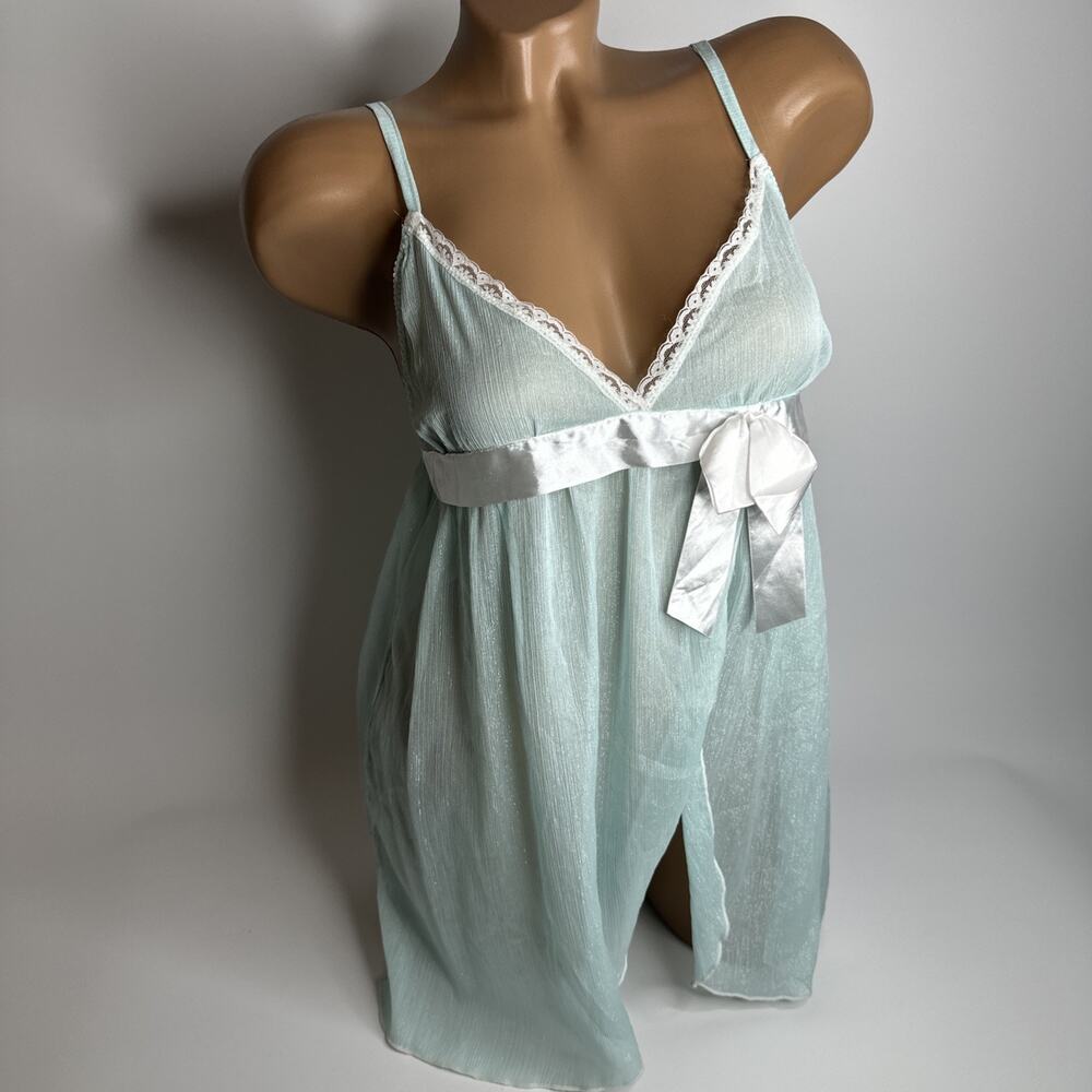Y2K Sparkle Sheer Lace Slip Dress Blue Bow Lingerie Medium Angelcore Coquette - Picture 1 of 13
